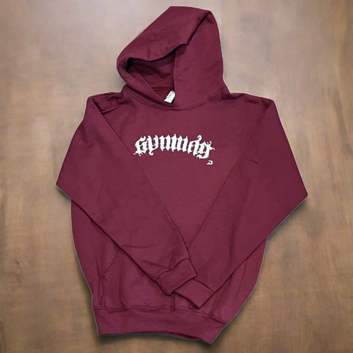 "GYMNAST" Ambigram Hoodie- Maroon, Youth Medium