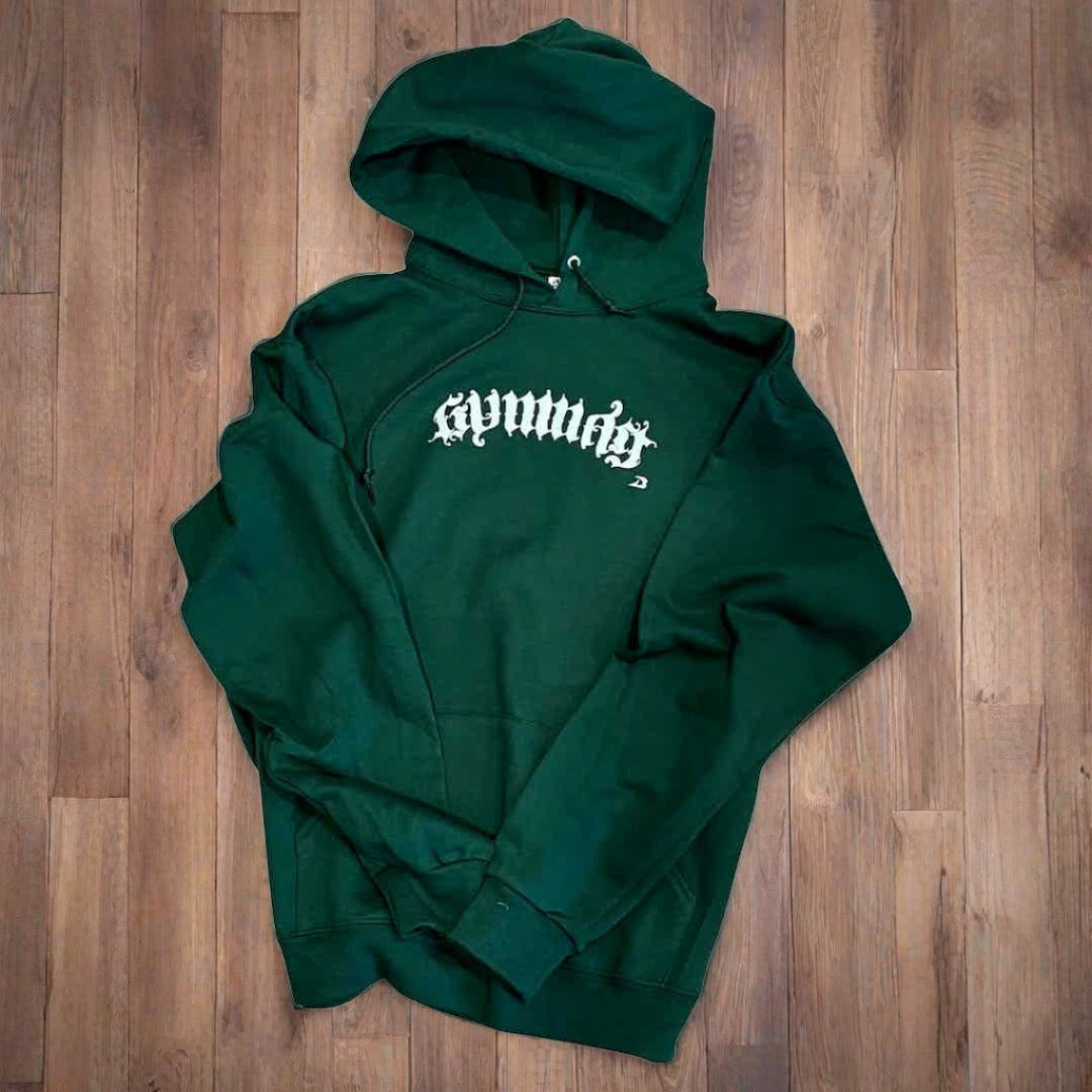 "GYMNAST" Ambigram Hoodie- Hunter Green, Youth Medium