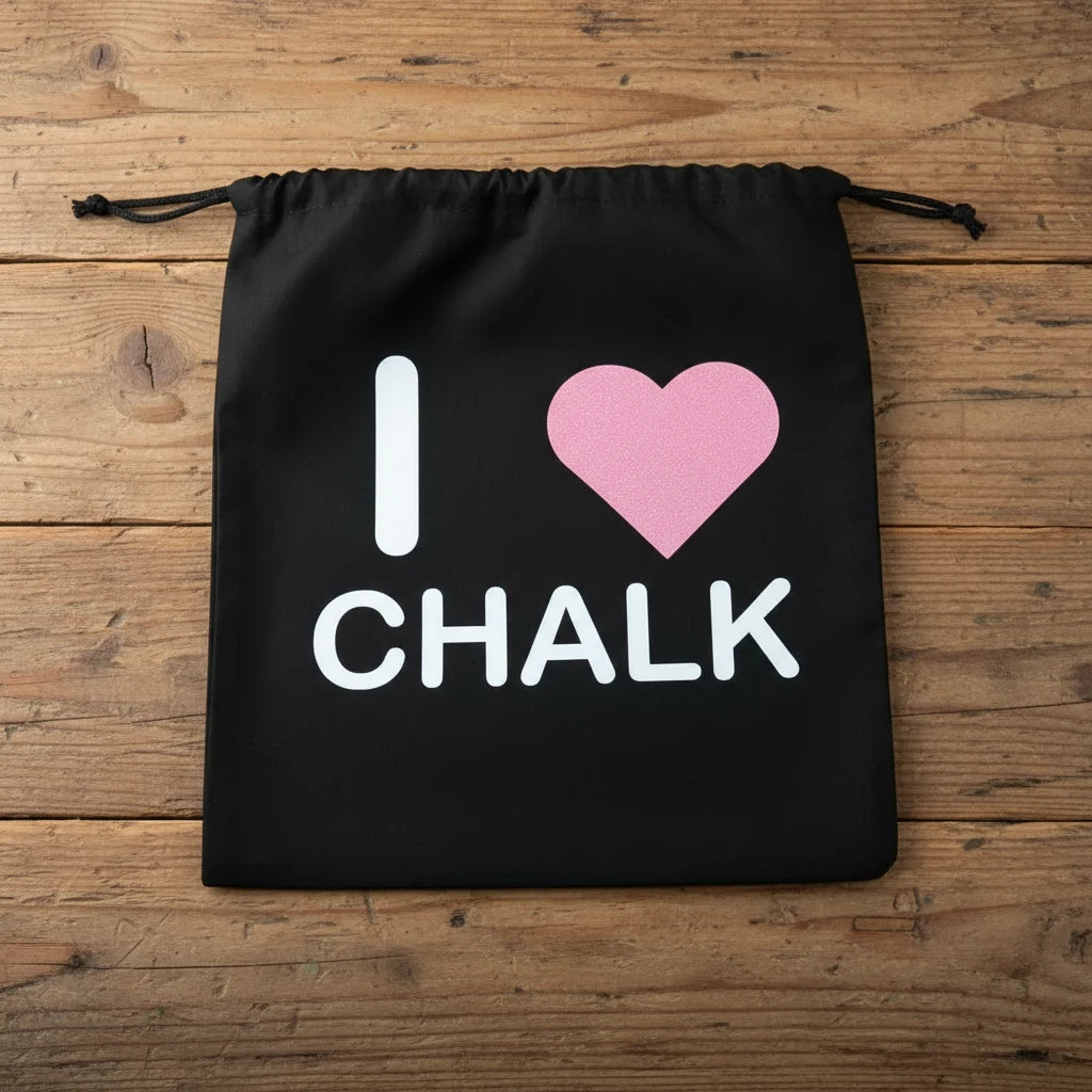 Black drawstring bag with 'I ❤️ CHALK' text on a black background best gymnastics wristbands for gymnasts
Holiday gifts for gymnasts