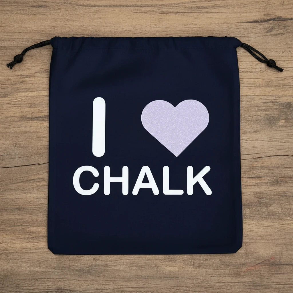 Black drawstring bag with 'I ❤️ CHALK' text on a black background best gymnastics wristbands for gymnasts
Holiday gifts for gymnasts