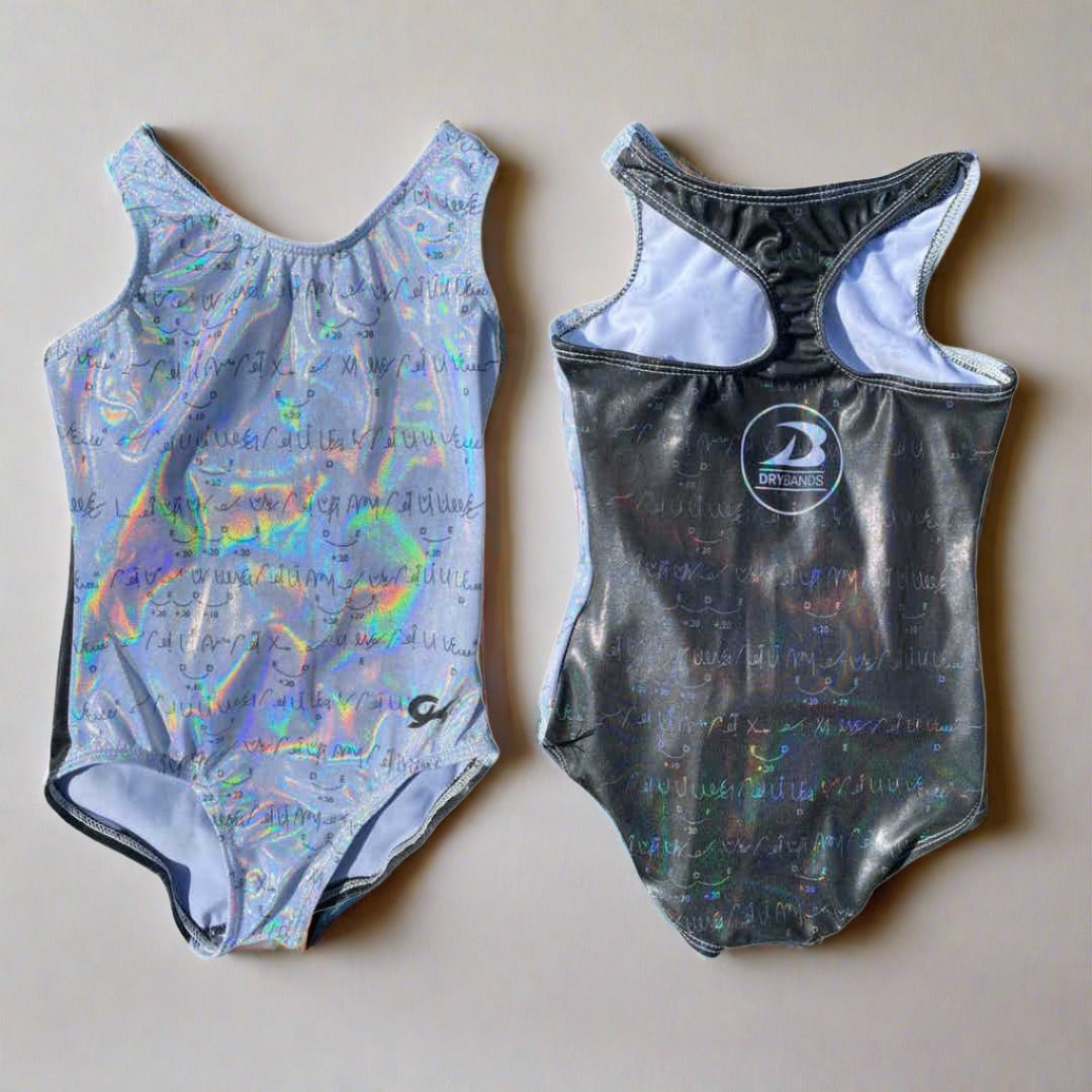 Front and Back view of DRYbands, Champion Routines leotard.